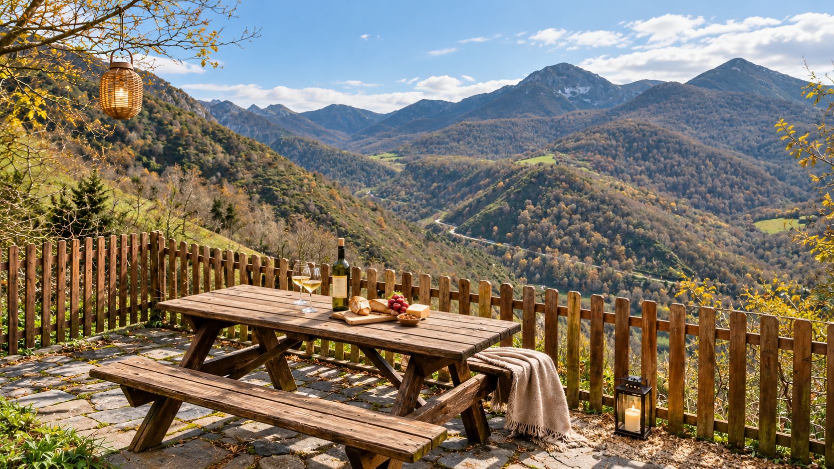 Una mesa de picnic de madera con una botella de vino, copas y uvas, con montañas y una valla de madera al fondo.