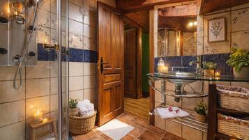 Shower, hair dryer, bidet, towels