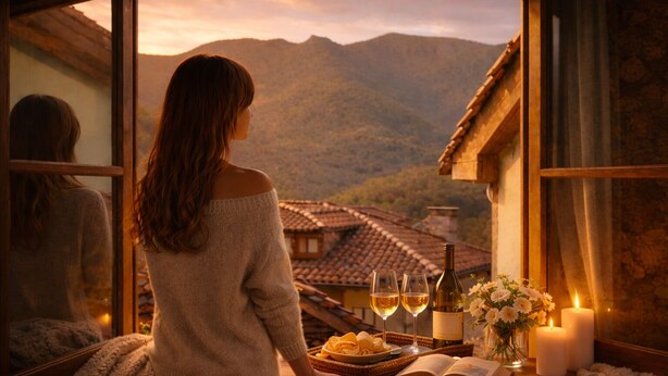 Une femme se tient près d’une fenêtre donnant sur un paysage montagneux. On aperçoit une table mise avec des verres à vin, une bouteille et des bougies.