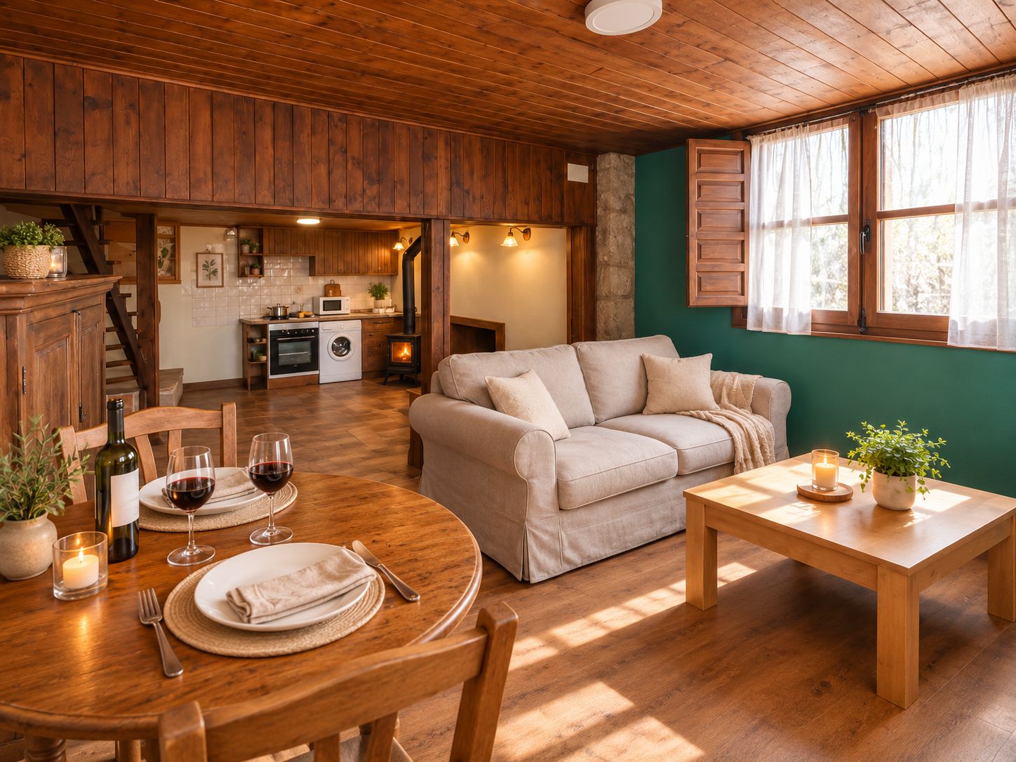 Un'accogliente zona giorno con divano, tavolo da pranzo per due persone e cucina sullo sfondo.