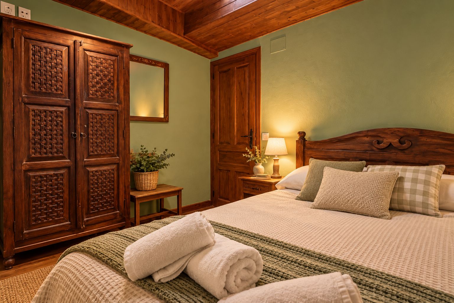 Un dormitorio con un armario de madera grande, una cama con varias almohadas, una mesita de noche con una lámpara y una pared verde.