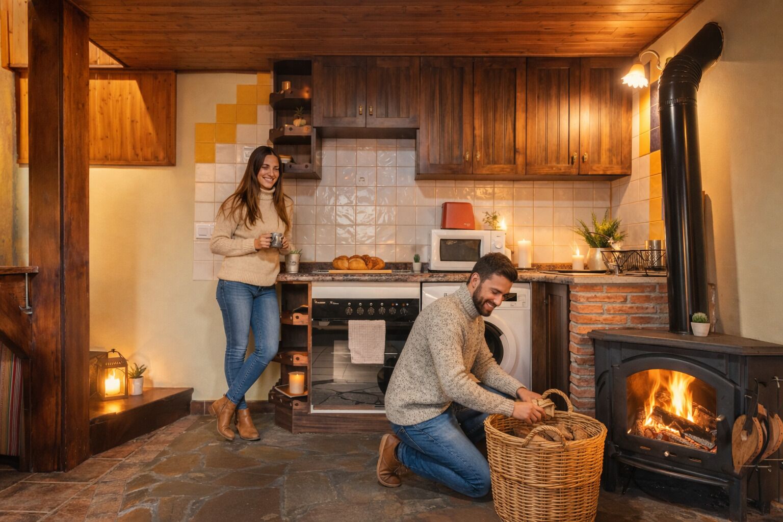Una cocina acogedora con armarios de madera, suelo de piedra, chimenea y microondas.