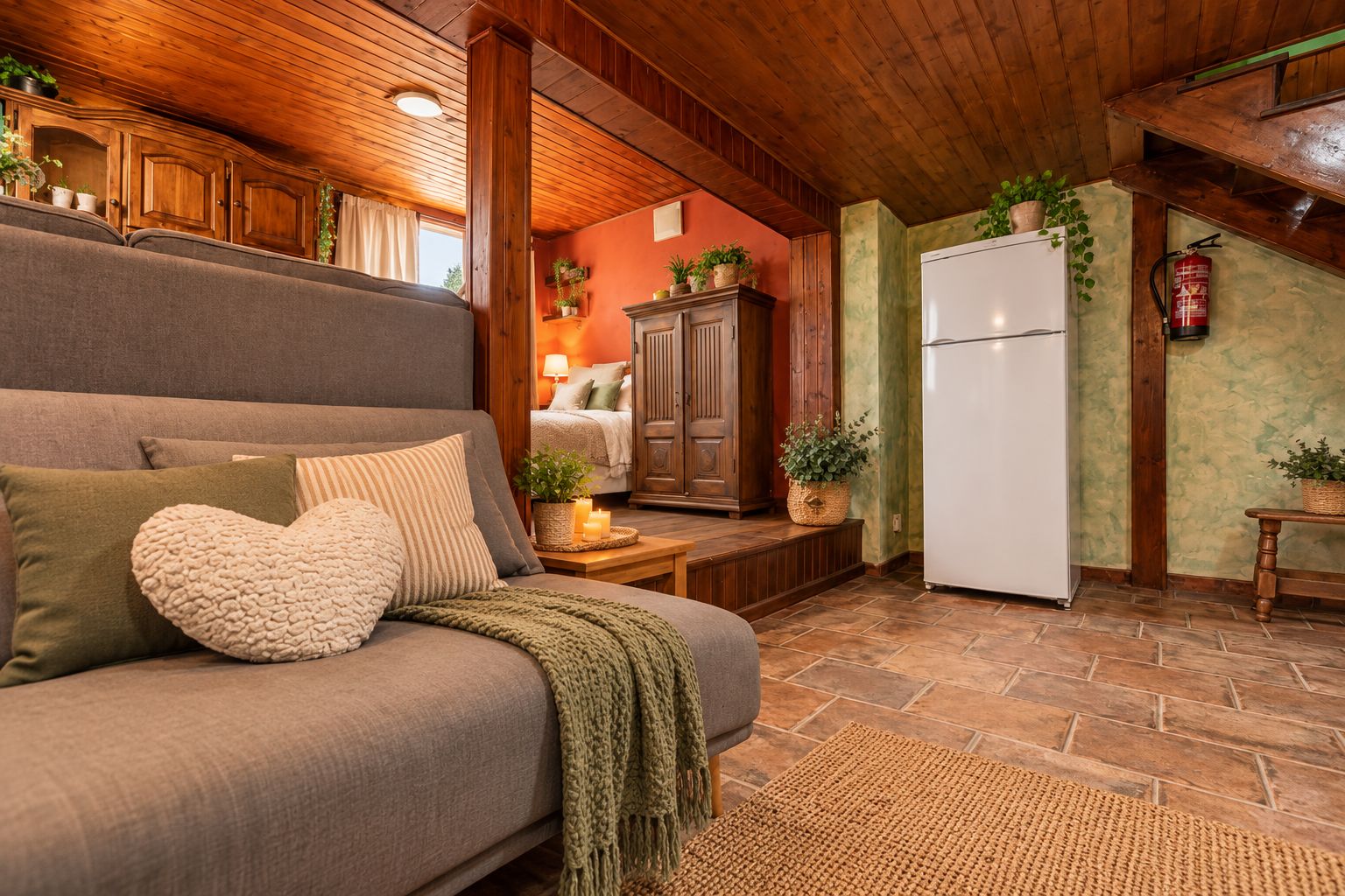 A cozy living room with a sofa, a fireplace, a kitchen area with a refrigerator, and wooden beams on the ceiling.