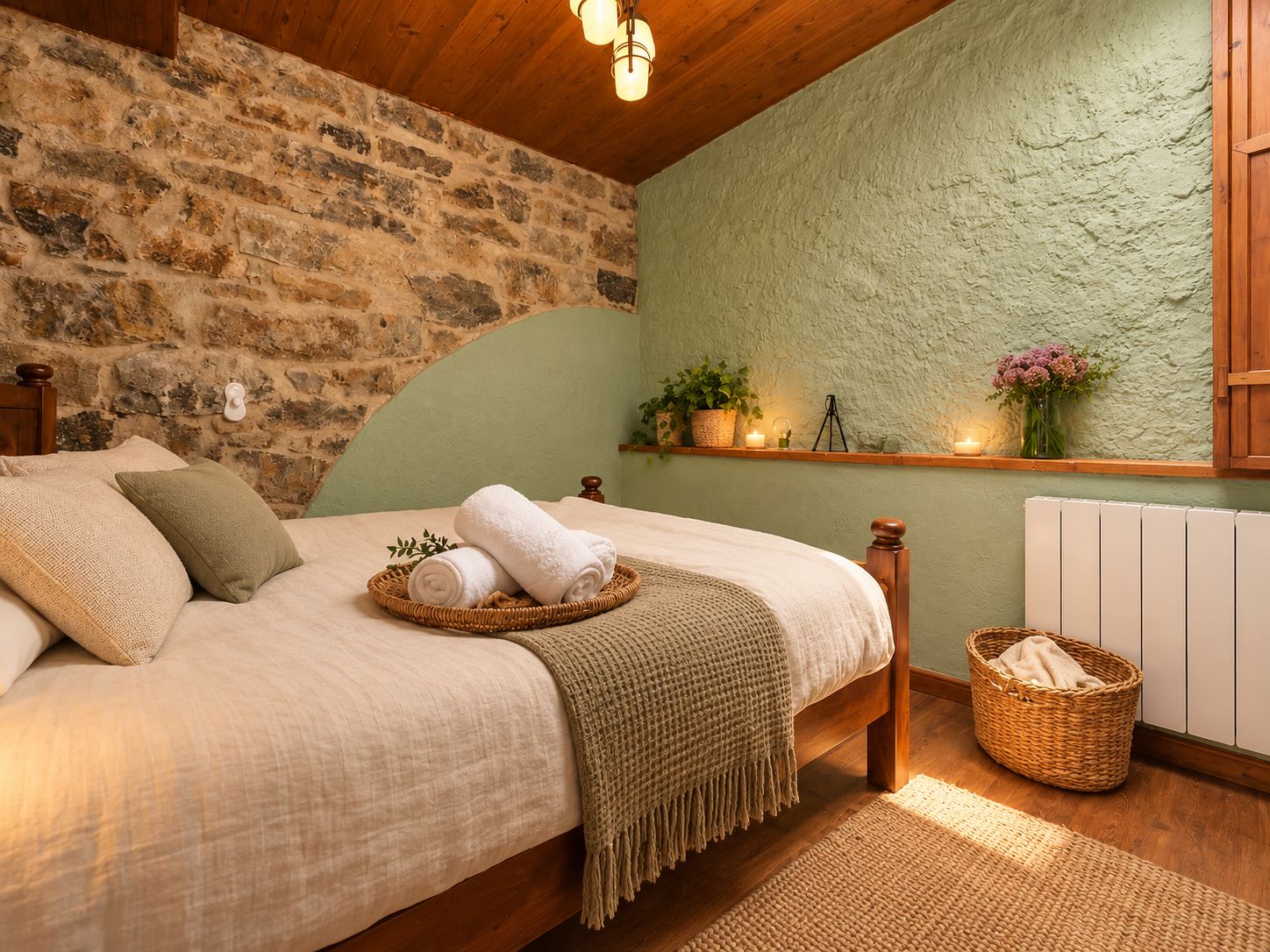 A cozy bedroom with a stone wall, a wooden bed, a bedside shelf with plants, and a wicker basket.
