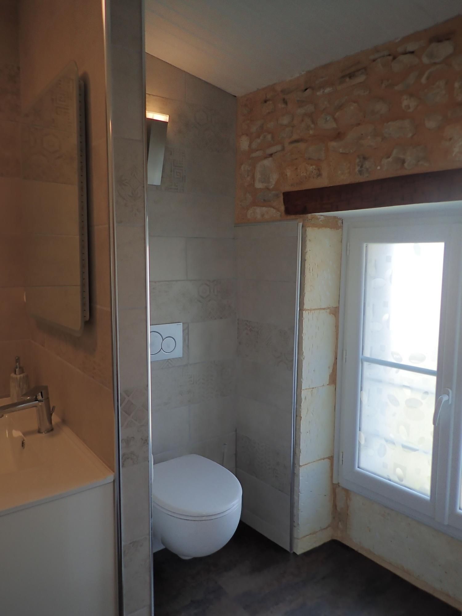 Un baño con inodoro, lavamanos y zona de ducha.