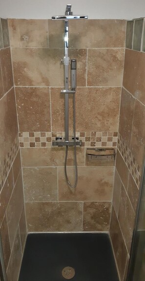 Ducha, cabezal de ducha tipo lluvia, secador de pelo, toallas