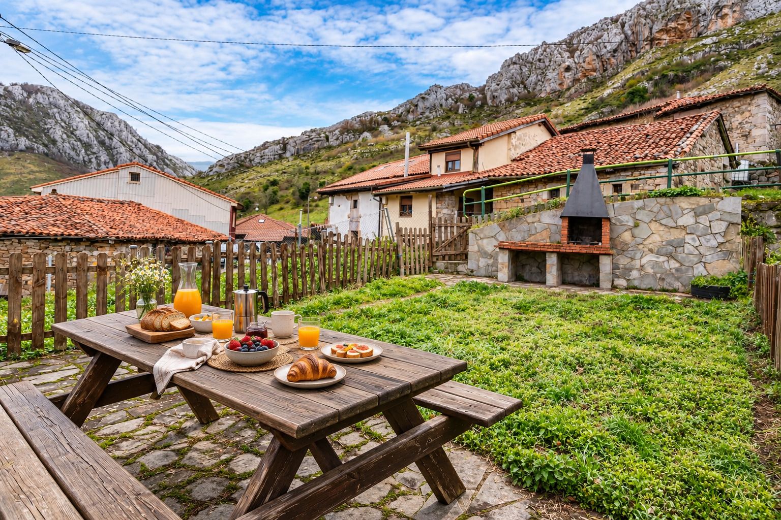 Una mesa de picnic de madera con alimentos para el desayuno, un muro de piedra y casas con tejados rojos en una zona montañosa.