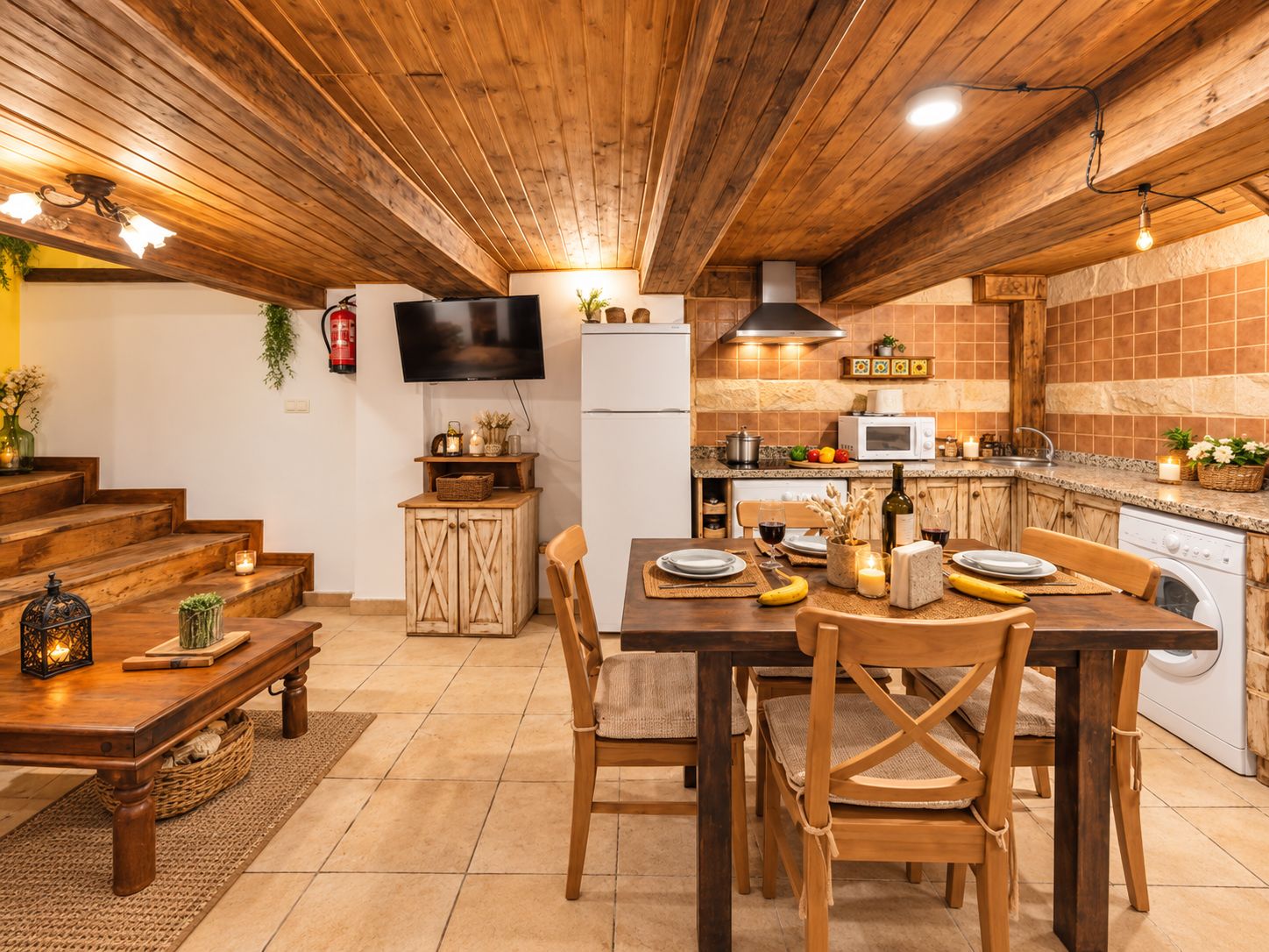 Une cuisine chaleureuse avec des poutres en bois, un coin repas avec une table dressée pour deux personnes, et un téléviseur à écran plat fixé au mur.