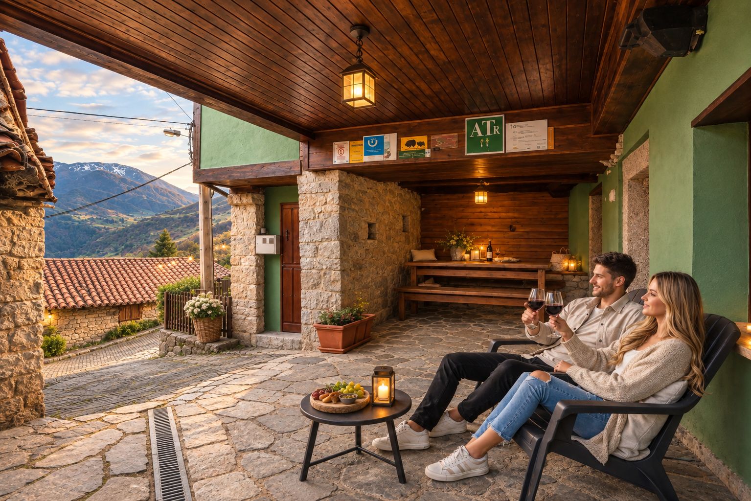Ein Paar sitzt auf einer Bank in einem Außenbereich mit Steinwänden und Holzbalkendecke. Ein Steintisch mit Obst und Blick auf die Berge.