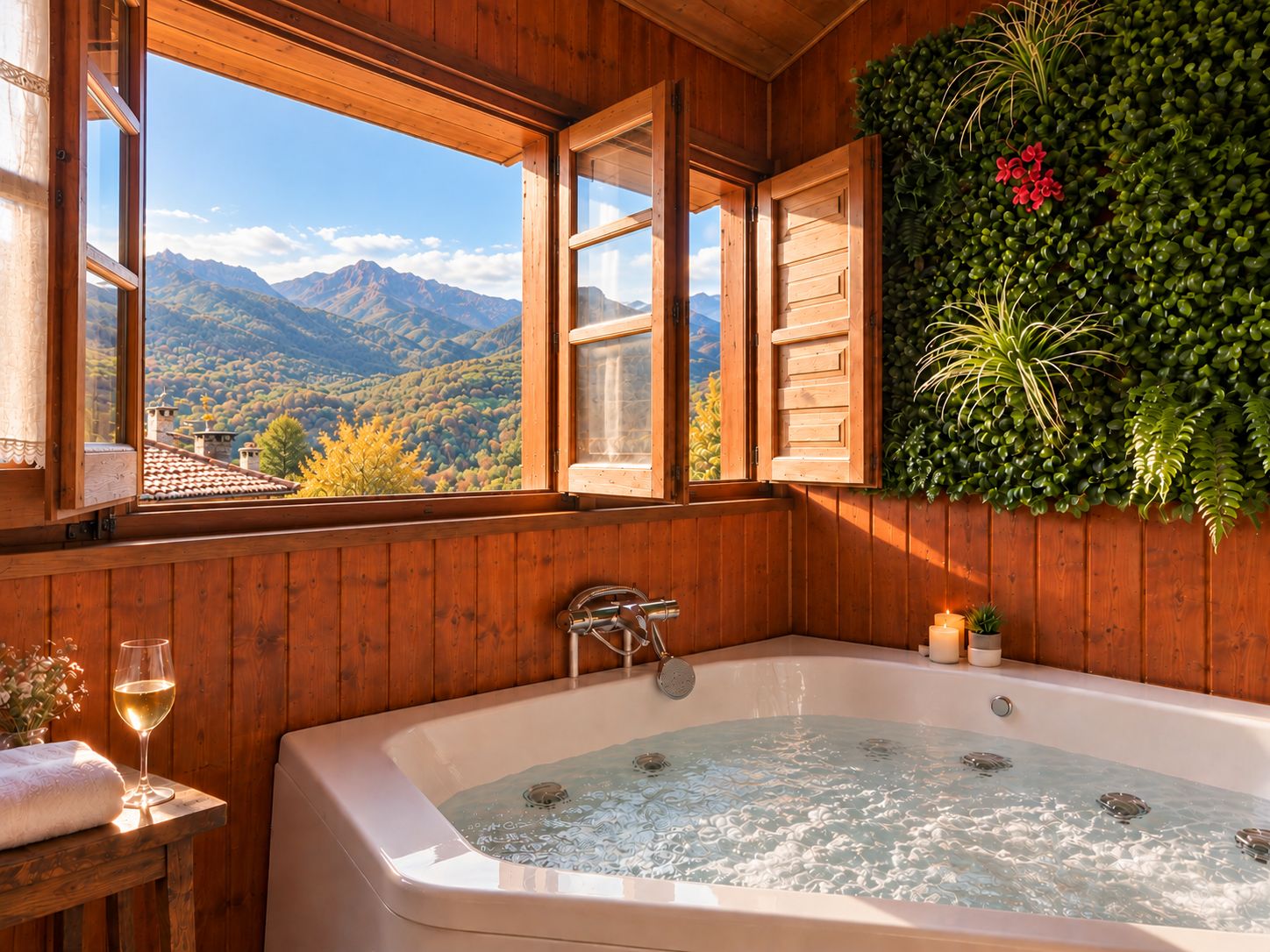Une pièce en bois avec une baignoire, un verre de vin et une vue sur les montagnes.
