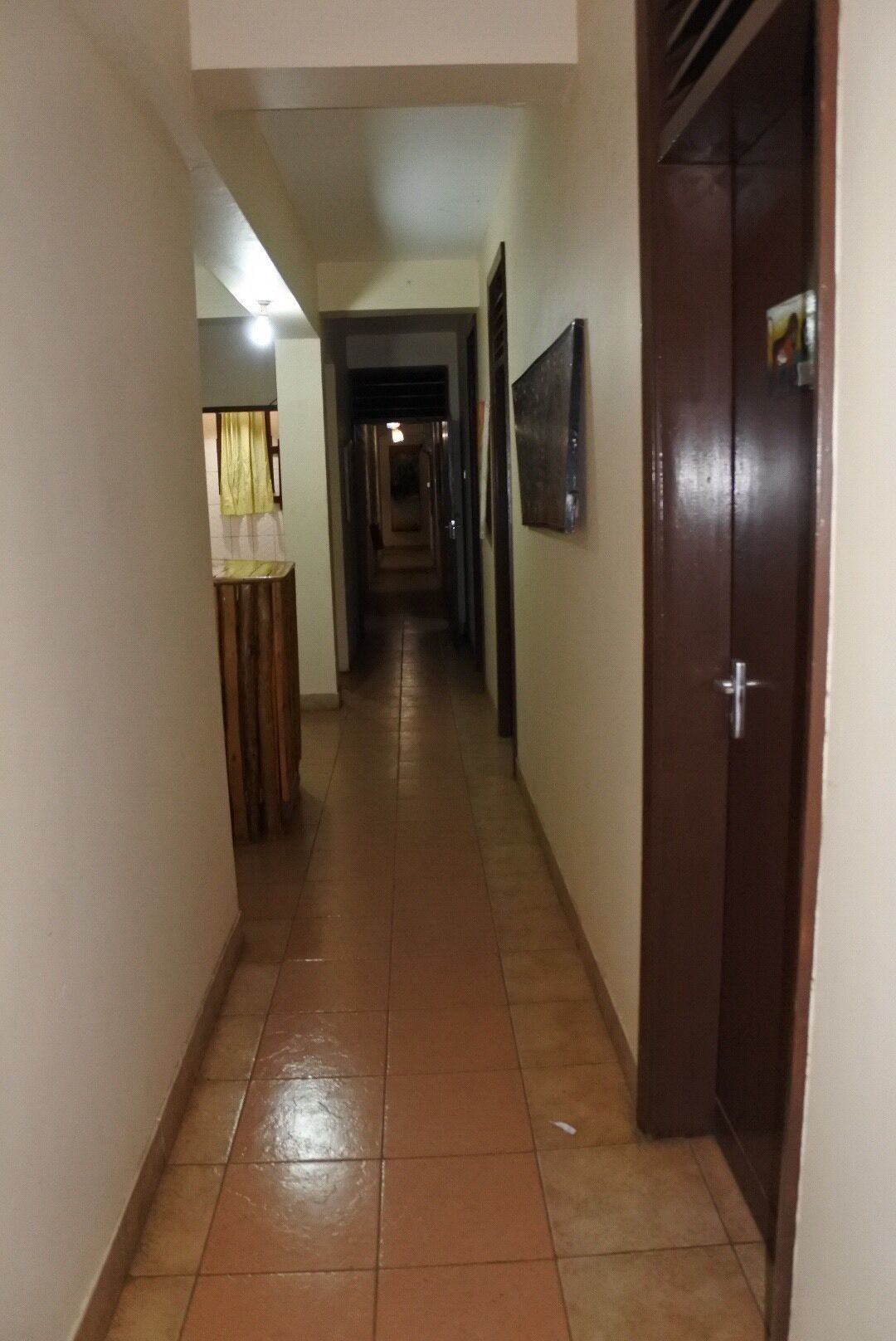 Un pasillo estrecho con suelo de baldosas, una puerta de madera a la derecha y un cuadro en la pared.
