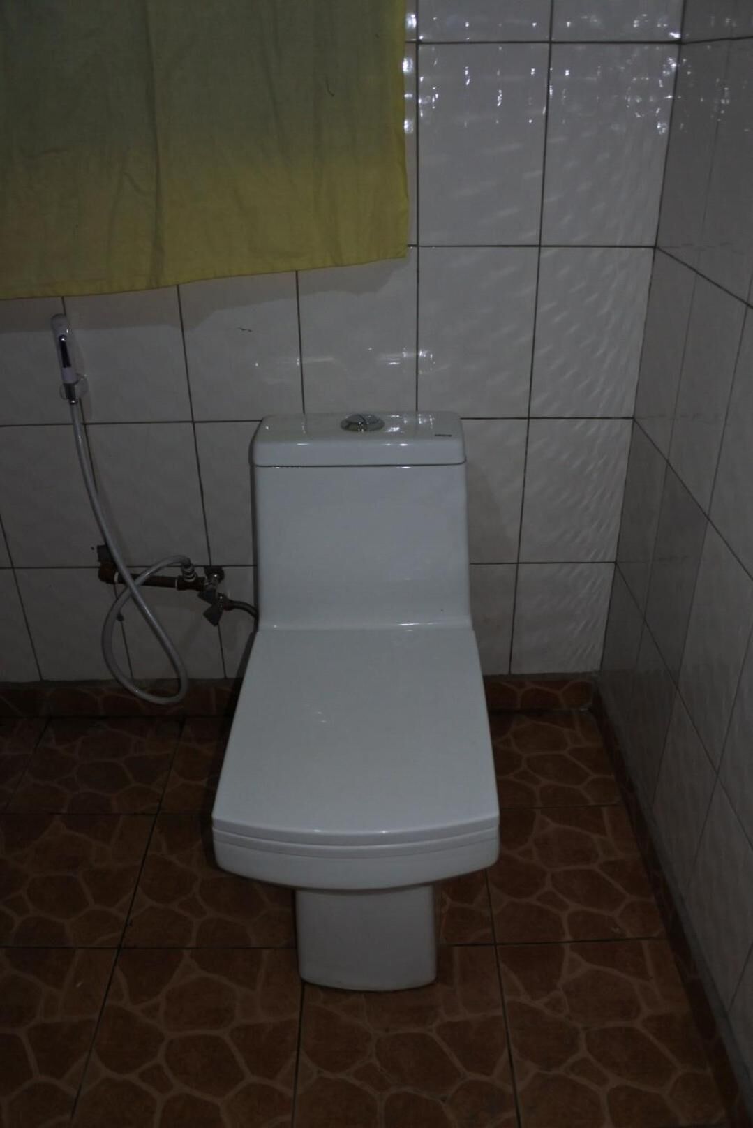 A bathroom with a toilet, a shower hose, and tiled walls.