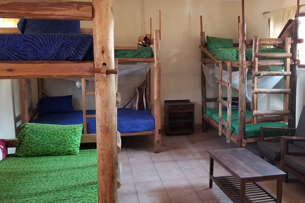 A dormitory room with bunk beds, a wooden ladder, a small table, and a chair.