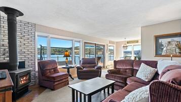 Televisión, chimenea, reproductor de DVD y libros