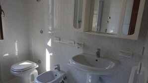 Une salle de bain équipée de toilettes, d’un bidet, d’un lavabo et d’un miroir.