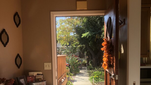 A hallway leading to a garden with a wooden bench, a metal container, and a door with a towel hanging on it. - Charming Hidden Cottage (Los Gatos)