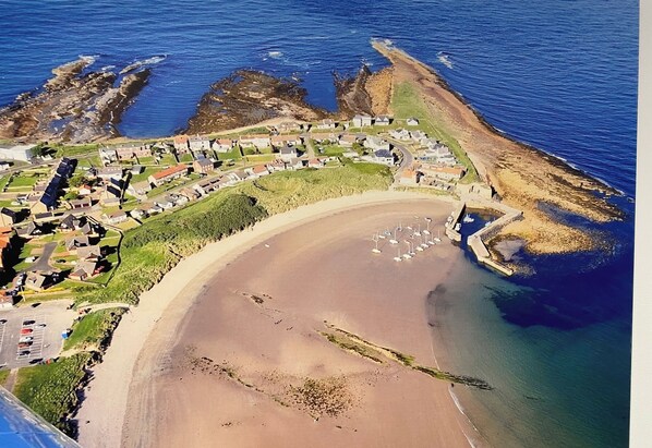 An aerial view of a coastal town with a sandy beach, marina, and residential buildings.