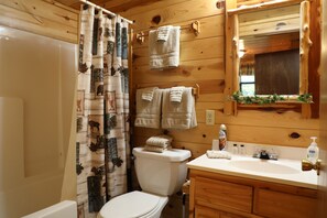 Combined shower/tub, hair dryer, towels, soap