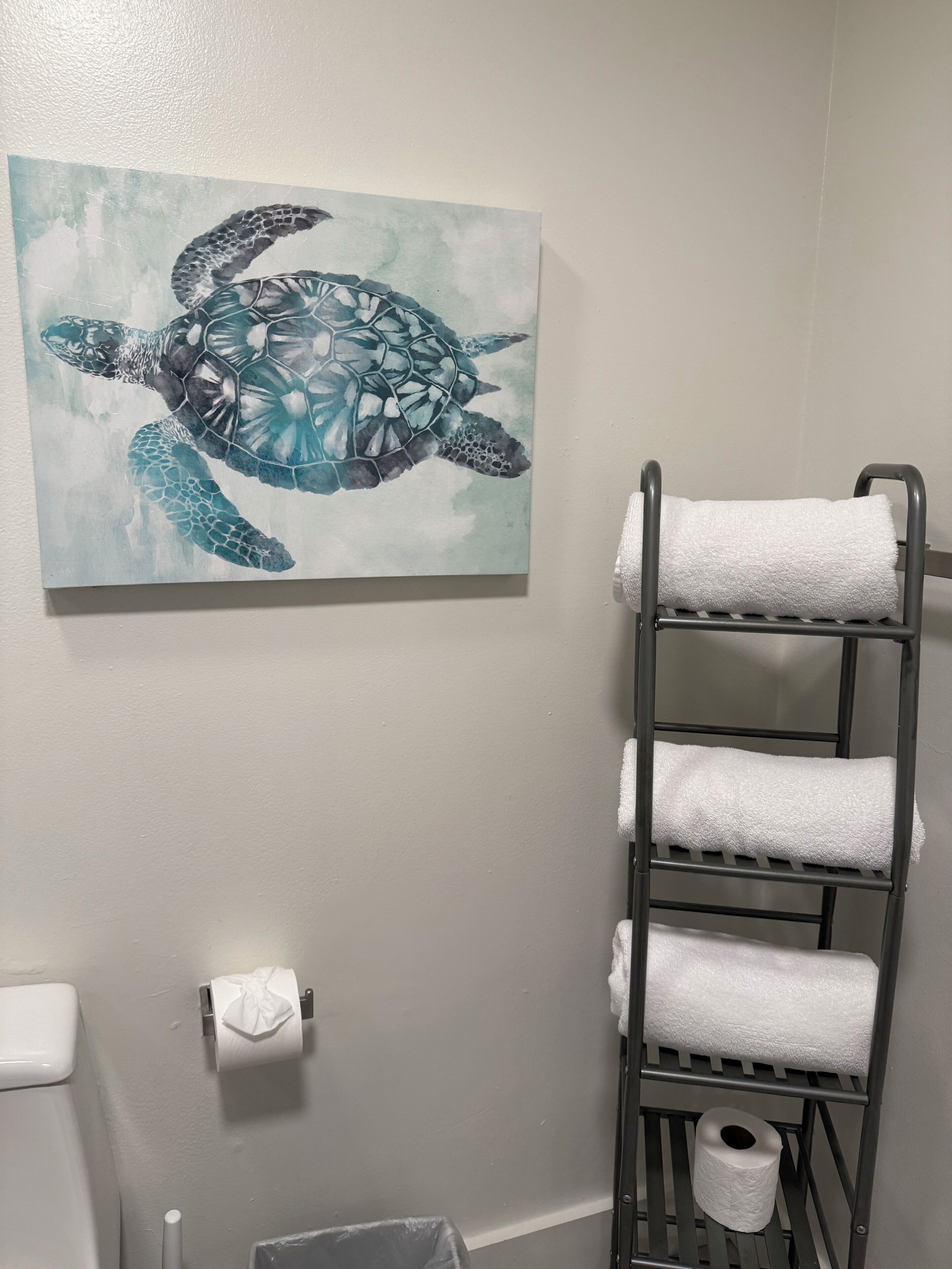 A bathroom with a towel rack holding white towels, a toilet paper holder, and a painting of a sea turtle.