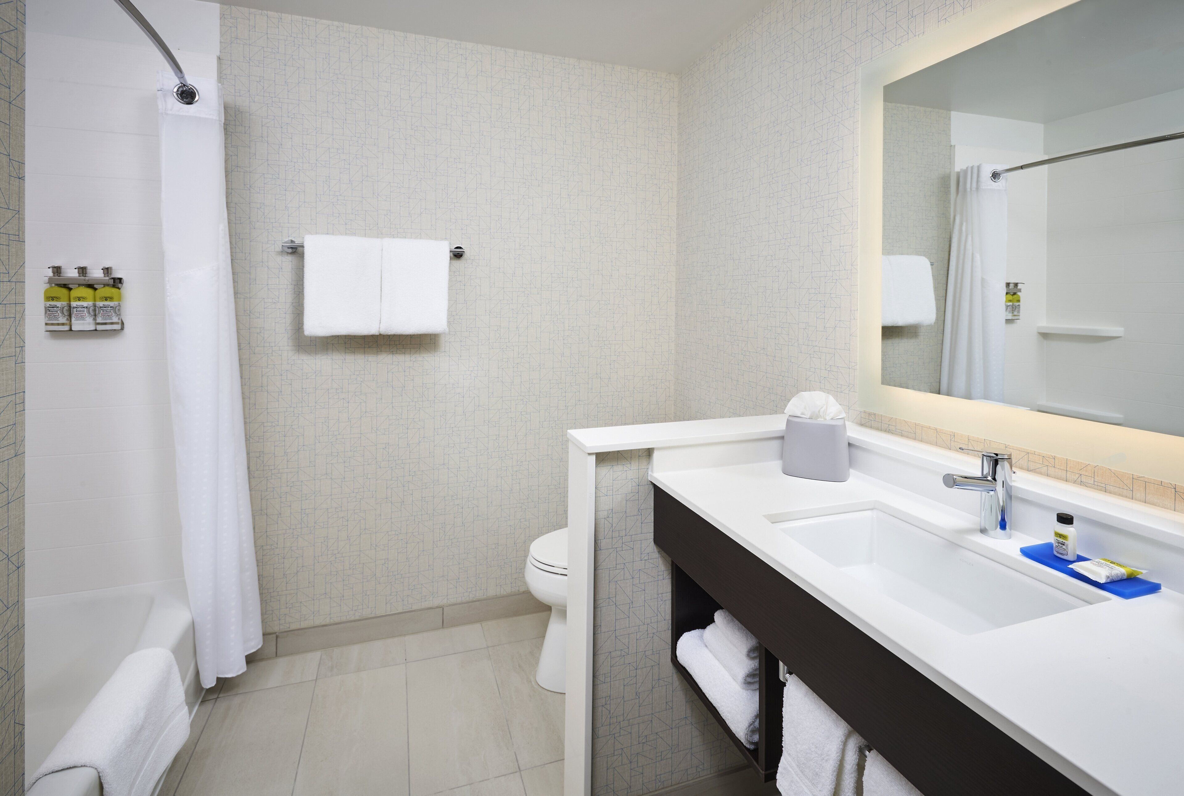 Een moderne badkamer met douche, toilet en wastafel.