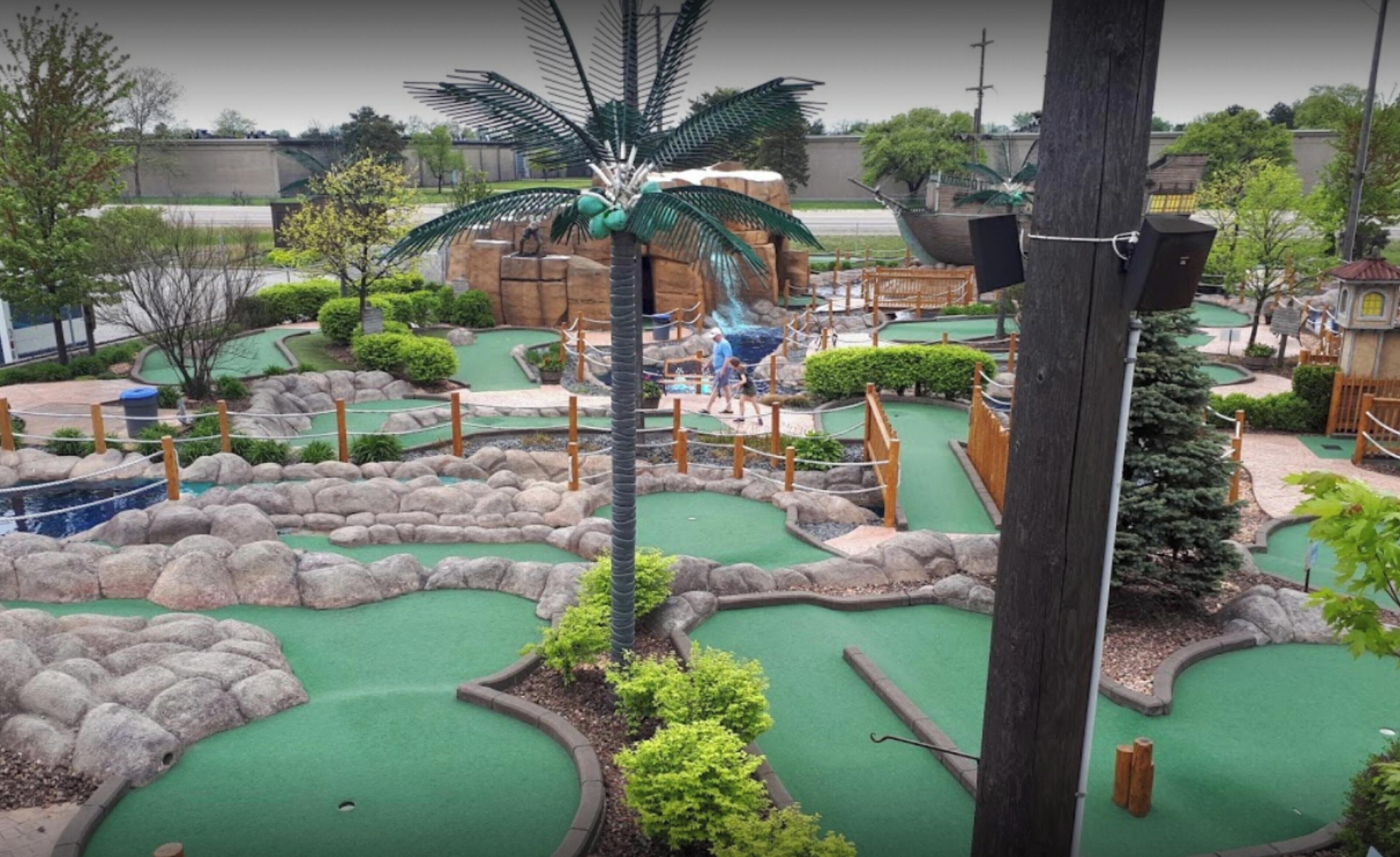 A miniature golf course with multiple holes, a palm tree, and a wooden bridge.