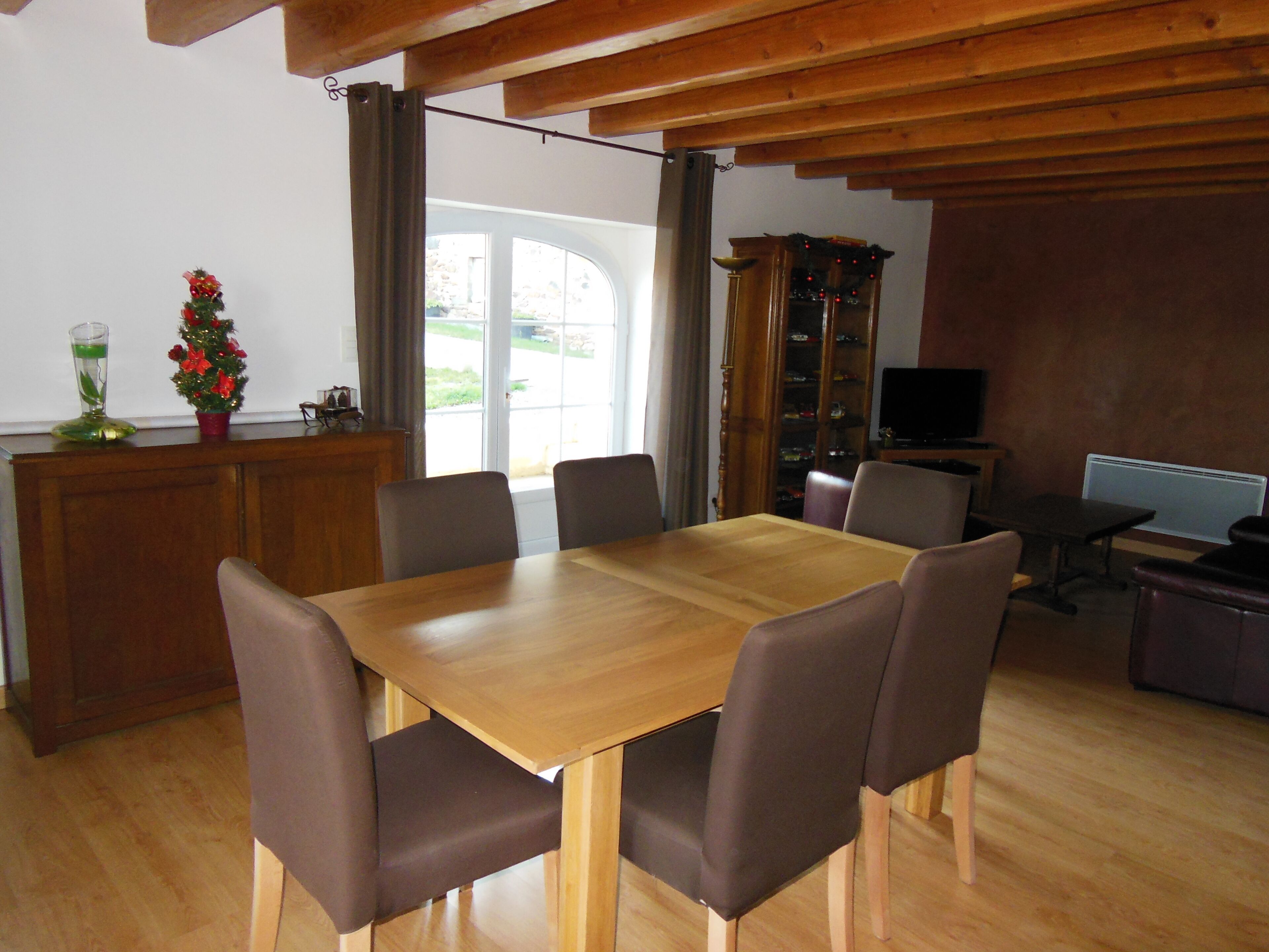 A dining area with a wooden table and chairs, a kitchen area with a counter and cabinets, and a television on a stand.