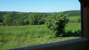 Vista desde una ventana que da a un paisaje verde y exuberante, con colinas onduladas y árboles.
