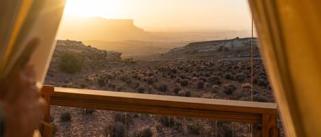 A view from a window with a wooden frame and curtains, overlooking a desert landscape with sparse vegetation and distant mountains during sunset.