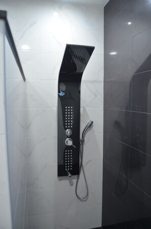 Shower, hair dryer, towels, soap