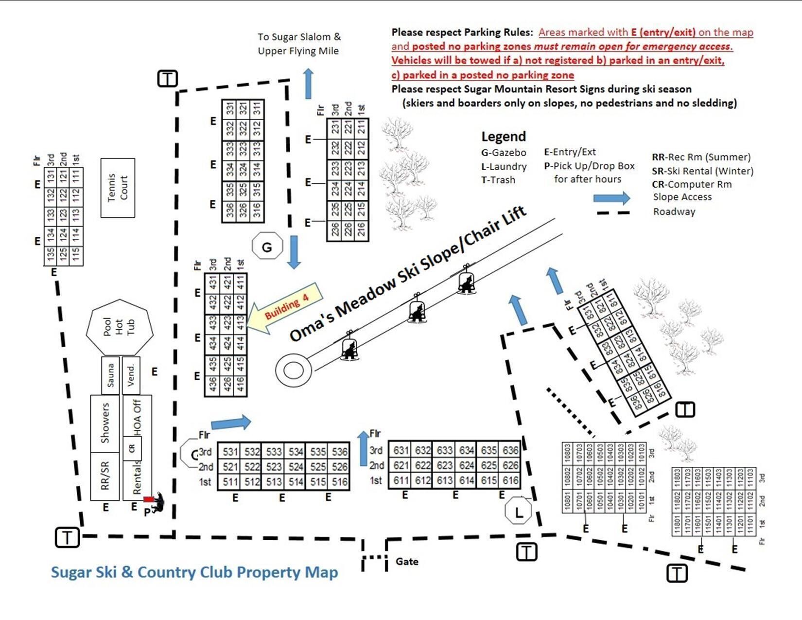 A property map of Sugar Ski & Country Club with amenities like tennis court, pool, sauna, and ski slope access.