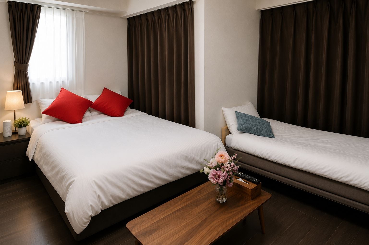 Habitación de hotel con dos camas, una mesita de noche con una lámpara, un jarrón con flores y un control remoto sobre una mesa de madera.