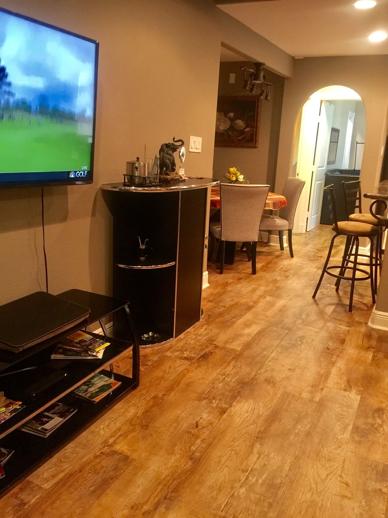 A living room with a flat-screen TV, a coffee table, a dining area with chairs, and a kitchen visible through an archway.