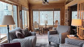 Smart TV, fireplace, books