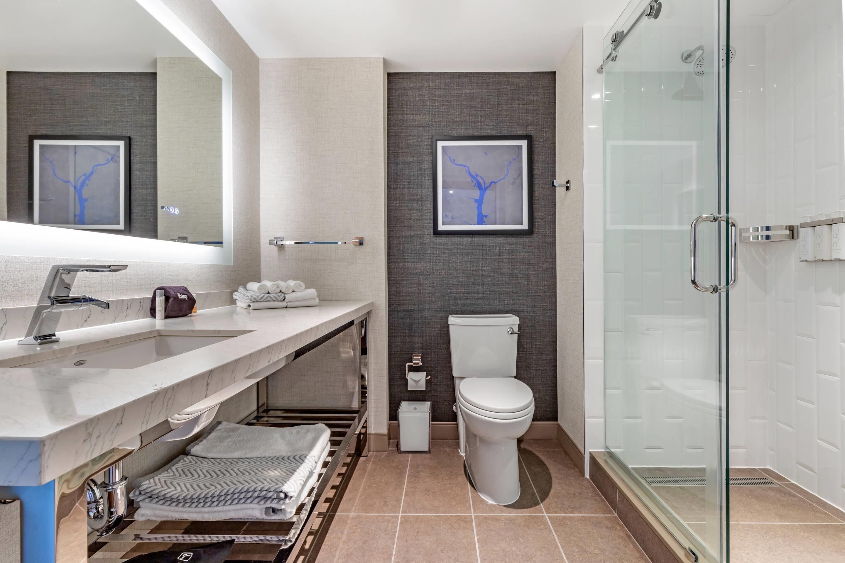 rainfall showerhead, free toiletries, hair dryer