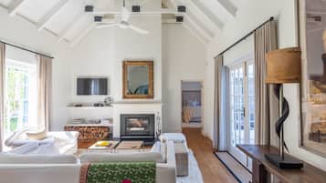 Televisión, chimenea, reproductor de DVD y estéreo