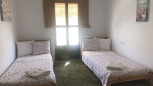 Une chambre avec deux lits simples, une fenêtre avec des stores, une moquette verte et un tableau au mur.