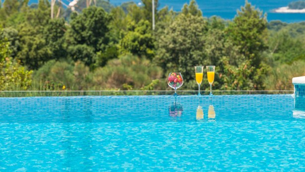 Ein Schwimmbecken mit zwei Orangensaftgläsern und einem Glas Erdbeeren.