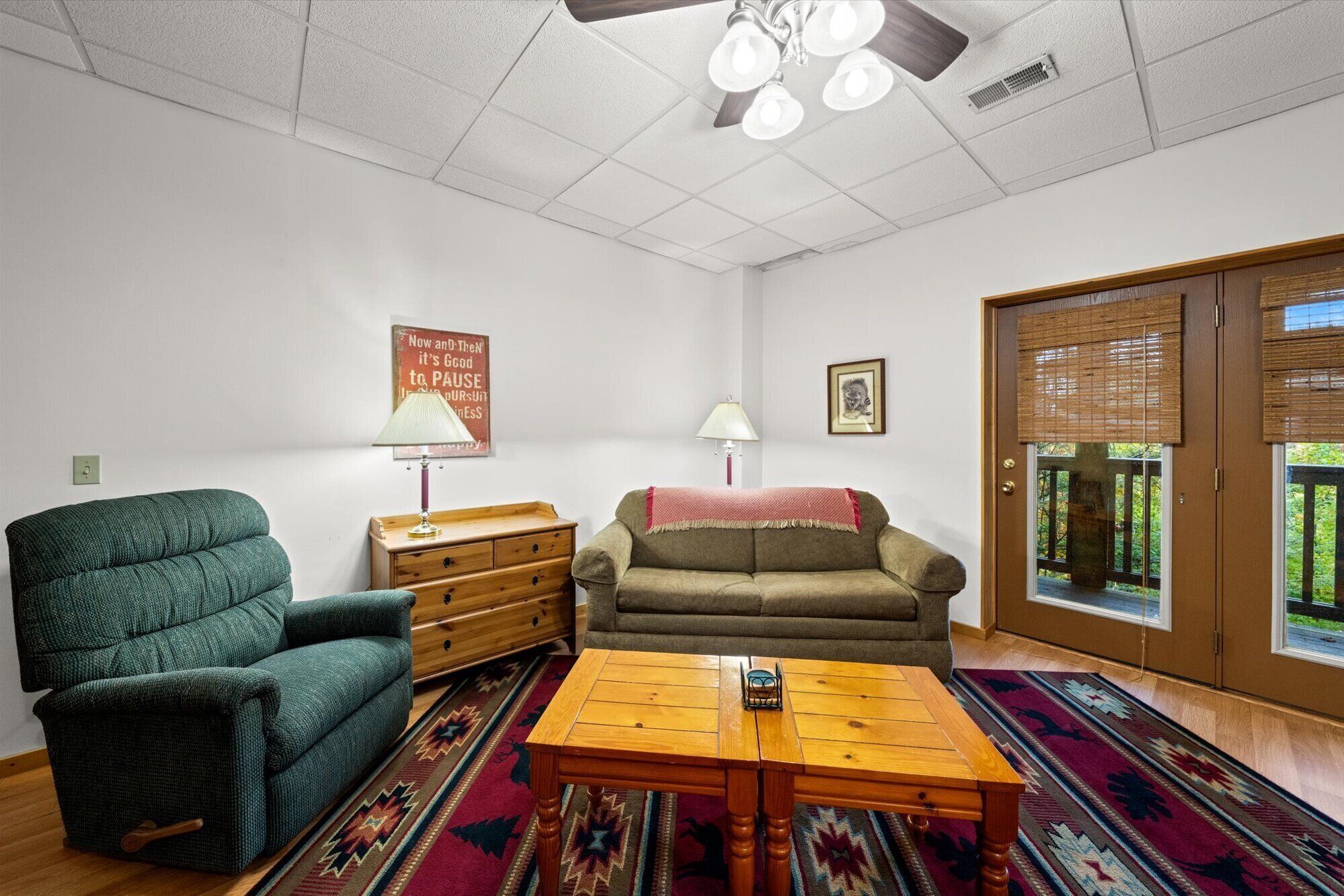 A living room with a green sofa, a brown sofa, a wooden coffee table, and a patterned rug.