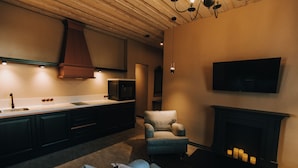 Una sala de estar moderna con chimenea, un televisor montado en la pared y un área de estar acogedora.