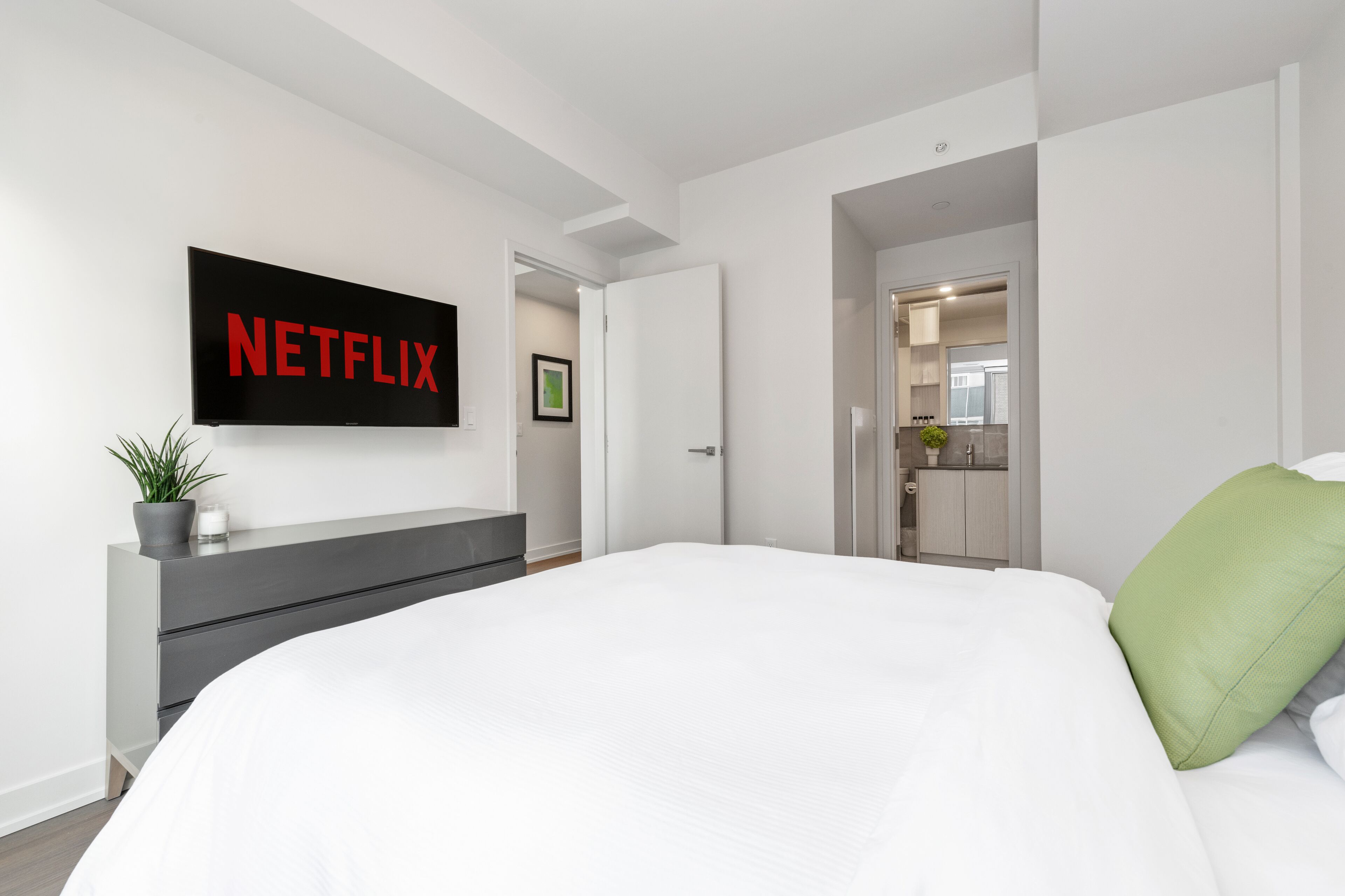 A modern hotel room with a large bed, a flat-screen TV mounted on the wall, a bedside table with a plant, and a green pillow.