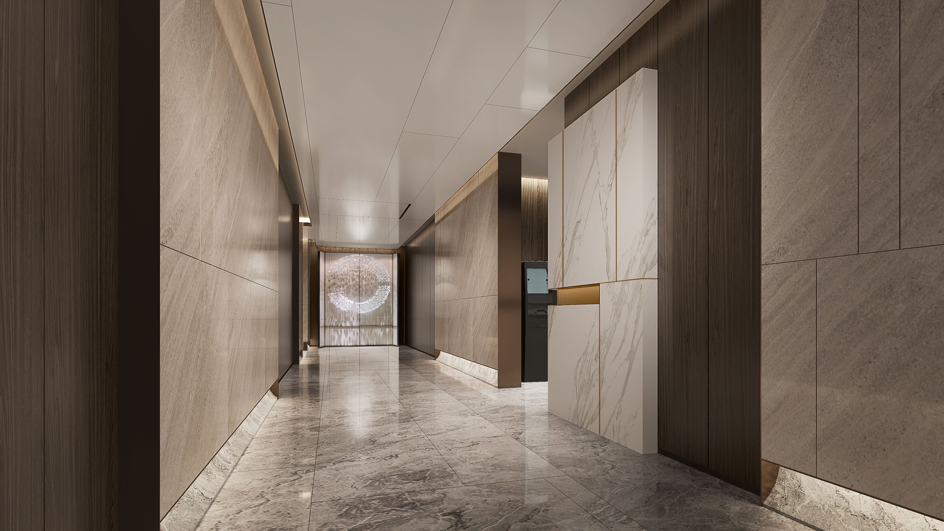 A modern hallway with marble flooring and wooden paneling.