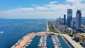 A marina with numerous boats docked, a waterfront promenade, and high-rise buildings in the background. - Crowne Plaza Dalian Xinghai by IHG (Dalian)