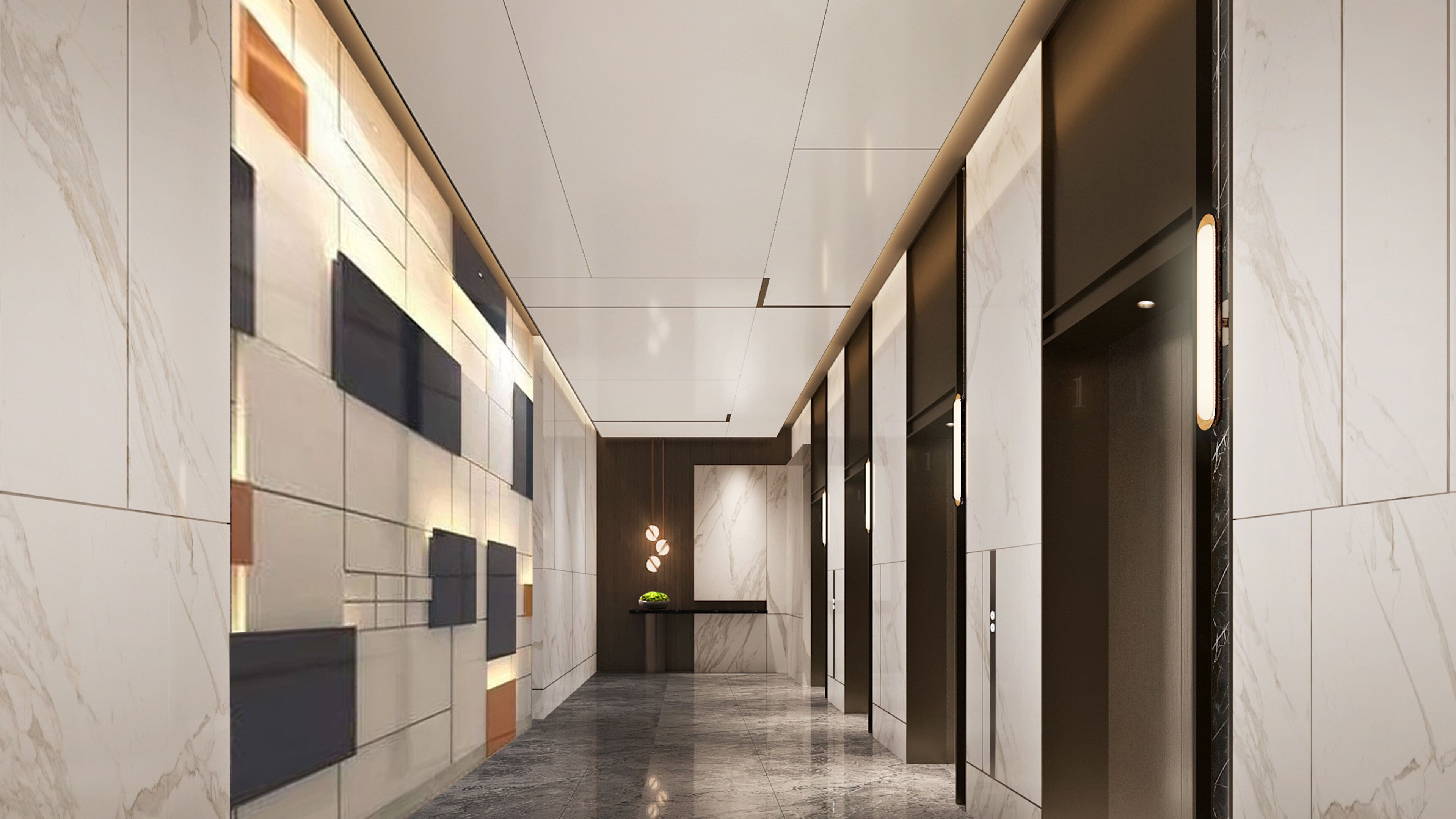 A modern hallway with marble walls, recessed lighting, and a marble floor.