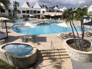 3 outdoor pools, open 9:00 AM to 9:00 PM, free cabanas, pool umbrellas