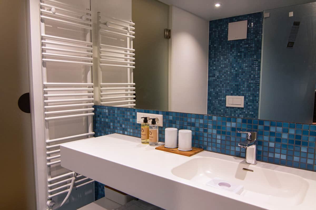 deluxe double room | bathroom | shower, rainfall showerhead, free toiletries, hair dryer