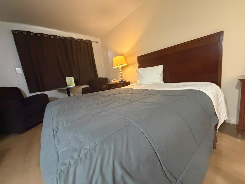 Een hotelkamer met een groot bed, een bureau met een lamp, een stoel en een raam met gordijnen.
