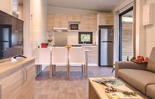 Cabaña Deluxe | Cocina privada | Frigorífico grande, microondas, placa de cocina y lavavajillas