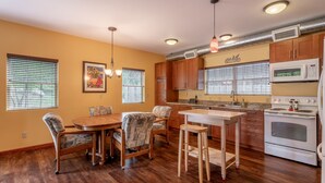 Coffee/tea maker, fridge, microwave, oven