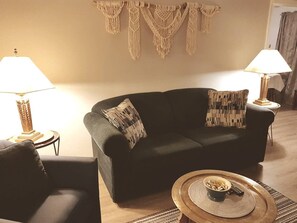 TV, fireplace, DVD player, books
