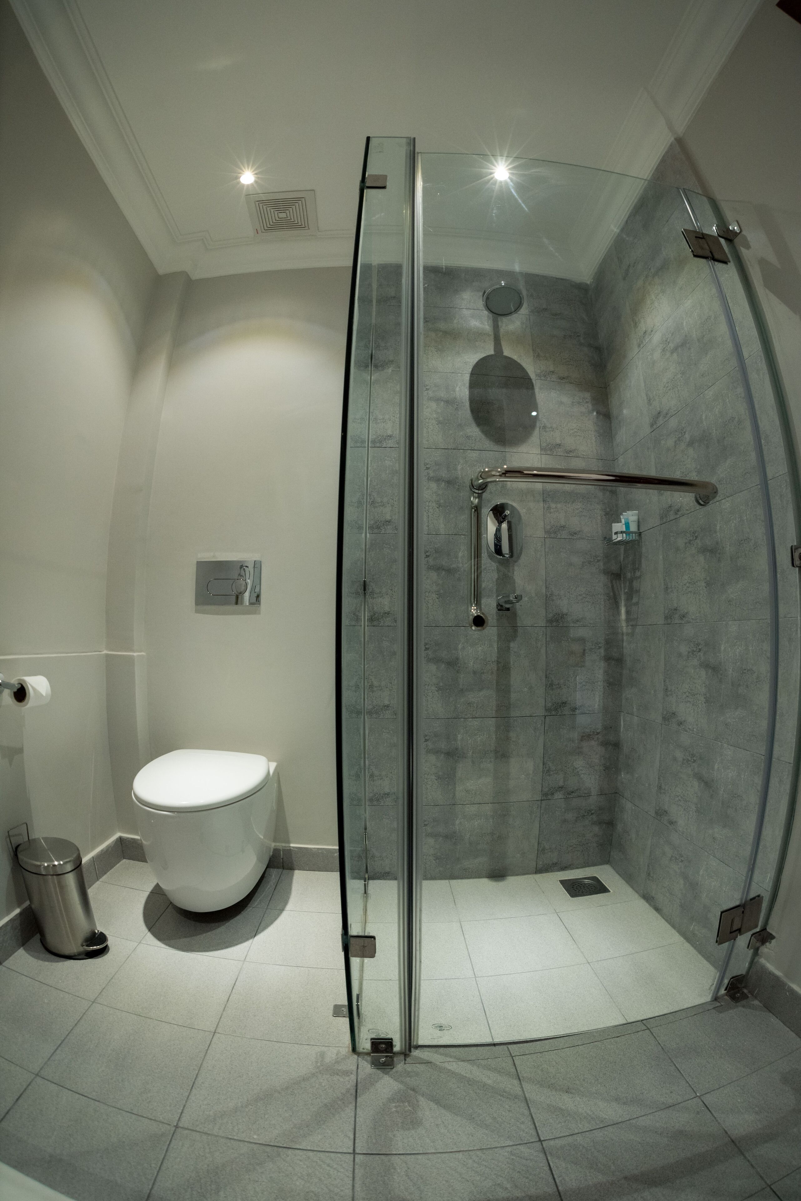 Un baño moderno con ducha de vidrio, inodoro blanco y un bote de basura.
